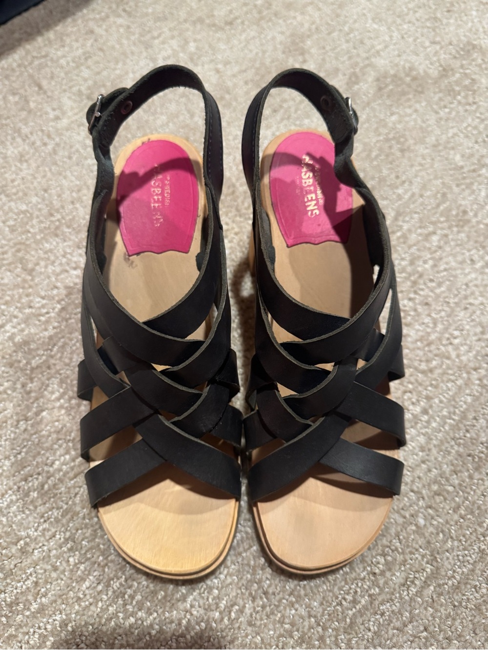 Swedish Hasbeens strappy sandal heel black navy? vegetable tanned leather EU39